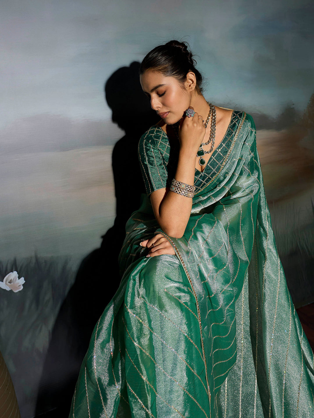 Mint Chiffon Embroidered Sarees