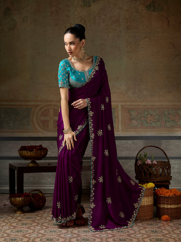 Burgundy Chiffon Embroidered Sarees