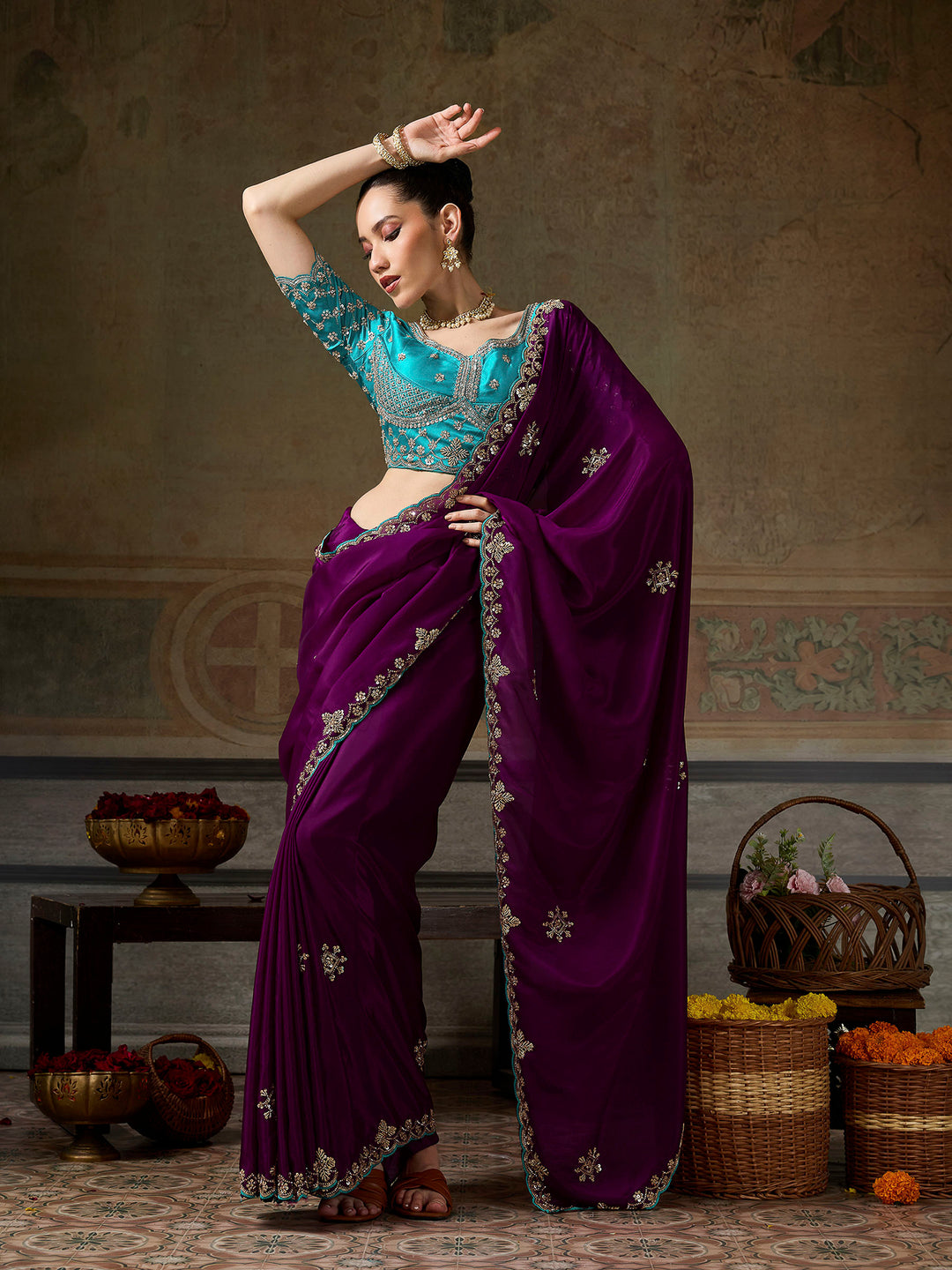 Burgundy Chiffon Embroidered Sarees