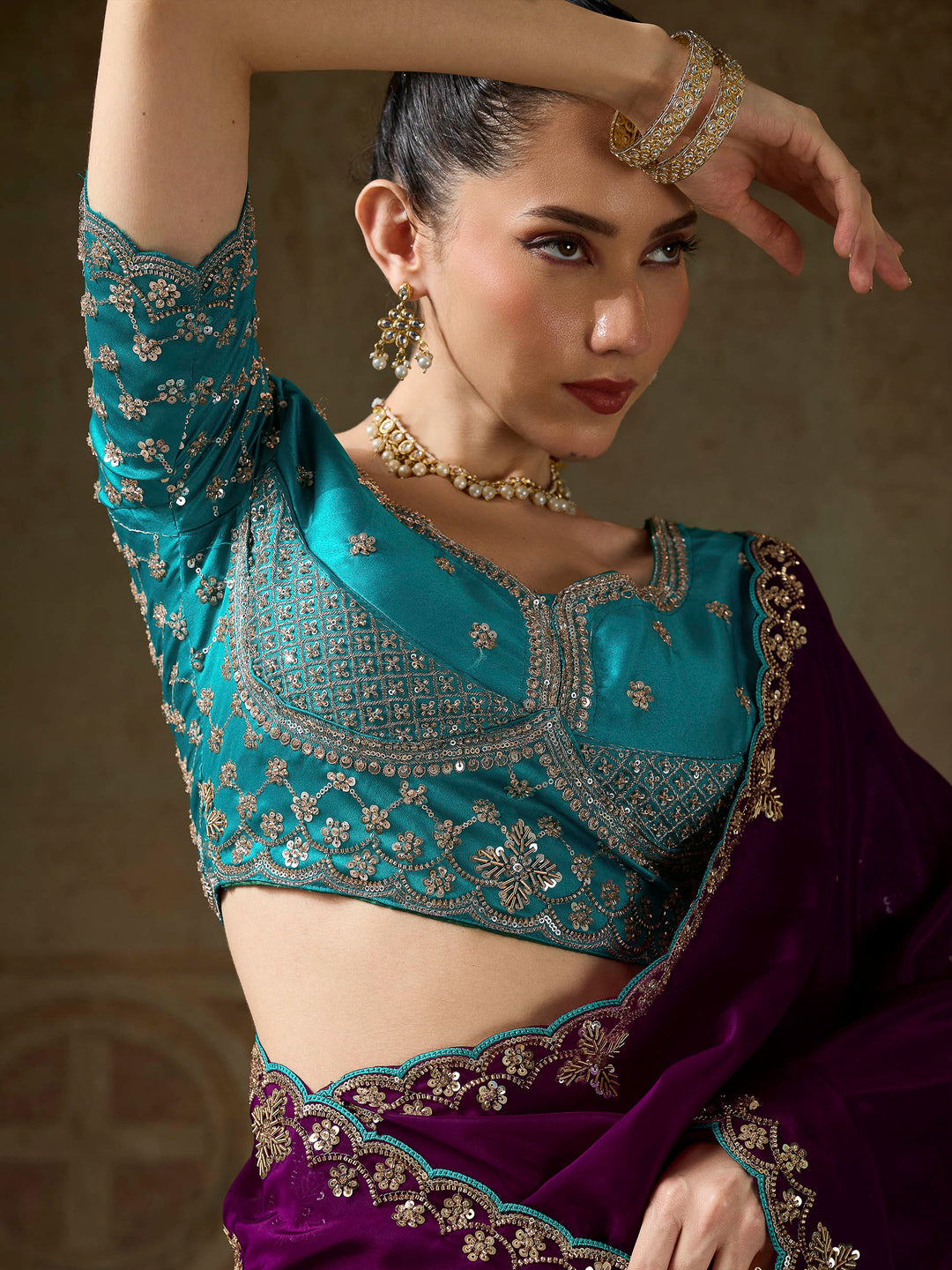 Burgundy Chiffon Embroidered Sarees