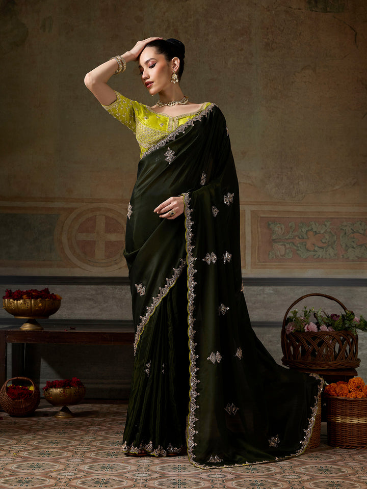 Mehndi Chiffon Embroidered Sarees