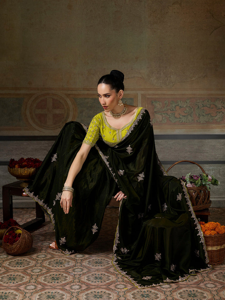 Mehndi Chiffon Embroidered Sarees