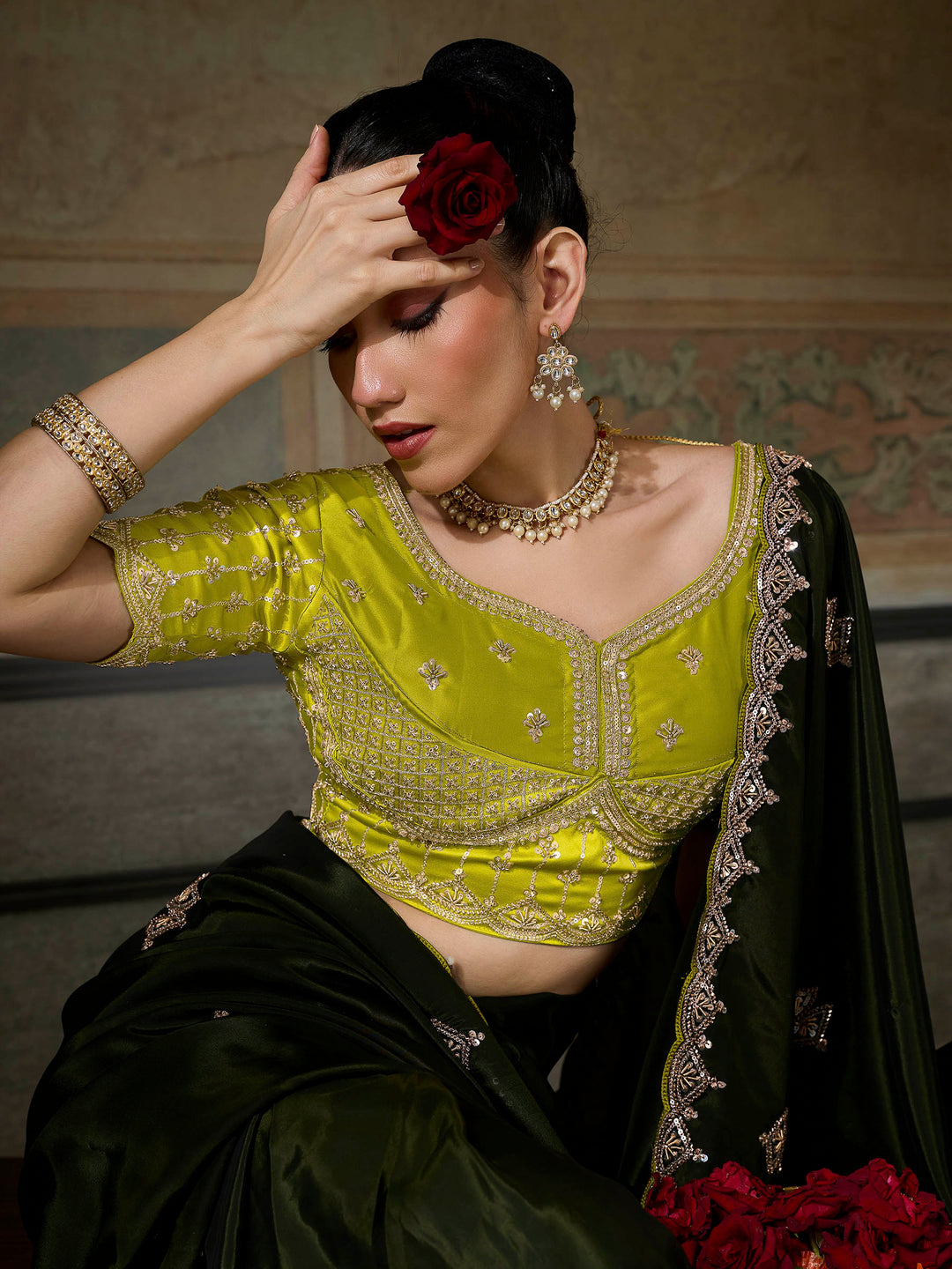 Mehndi Chiffon Embroidered Sarees
