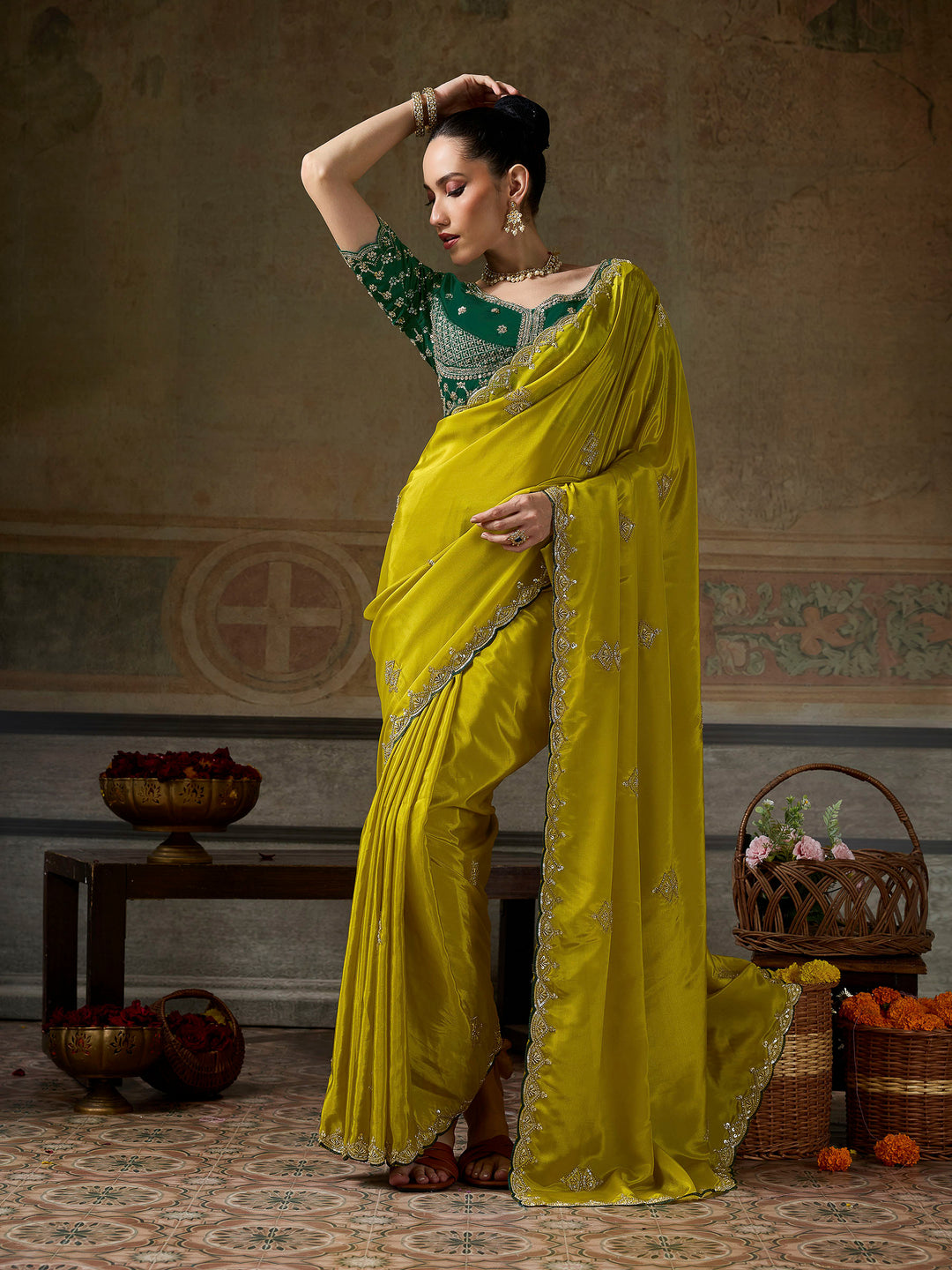Mustard Chiffon Embroidered Sarees