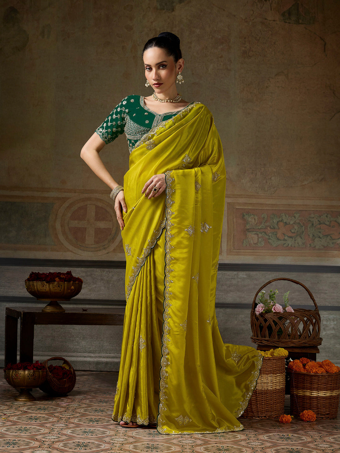 Mustard Chiffon Embroidered Sarees