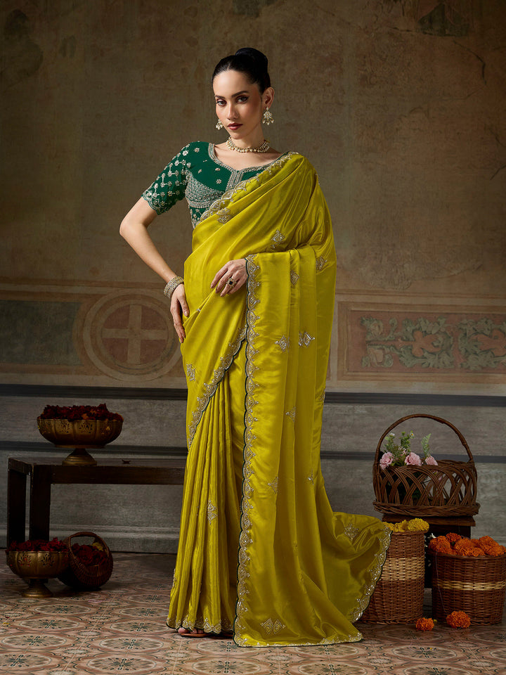 Mustard Chiffon Embroidered Sarees