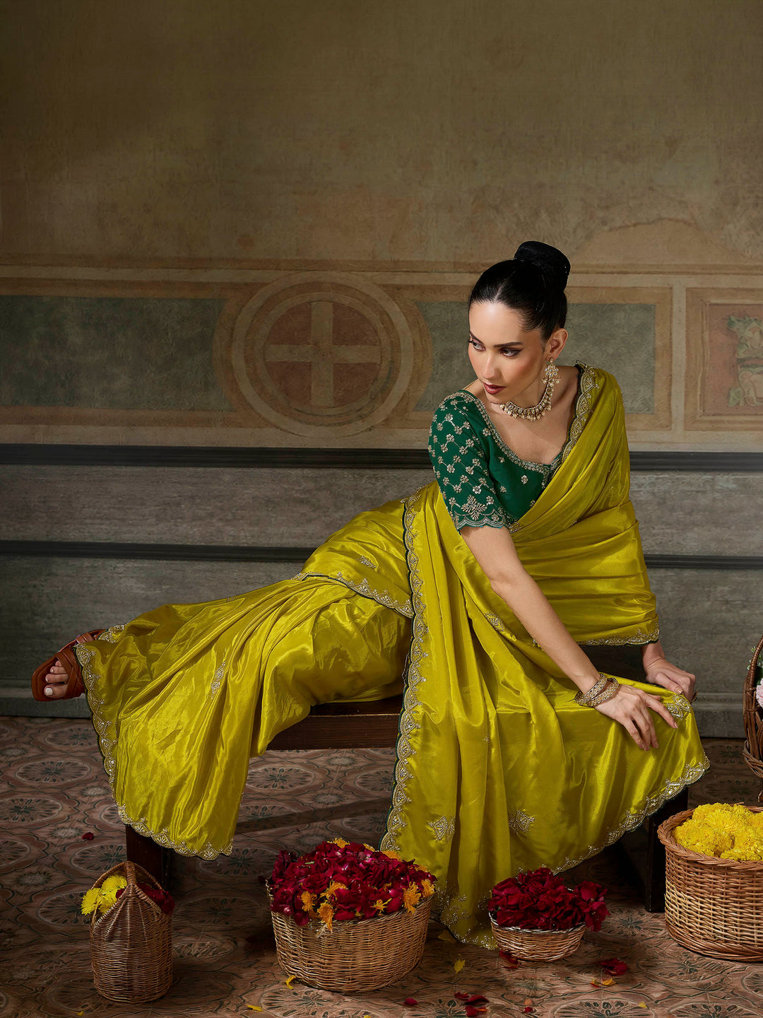 Mustard Chiffon Embroidered Sarees