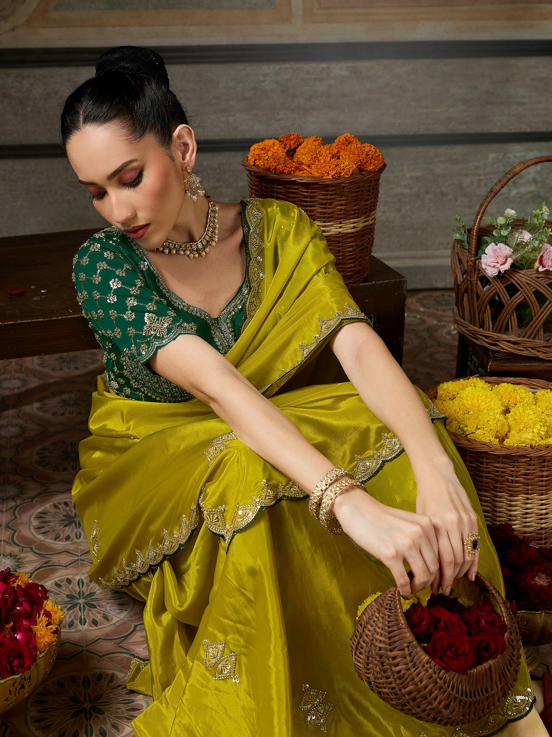 Mustard Chiffon Embroidered Sarees