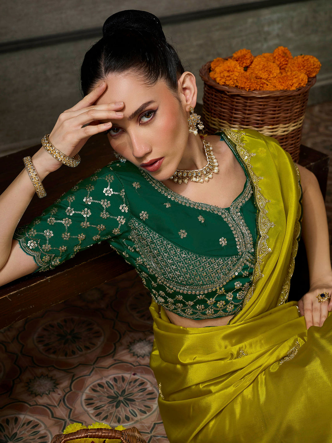 Mustard Chiffon Embroidered Sarees