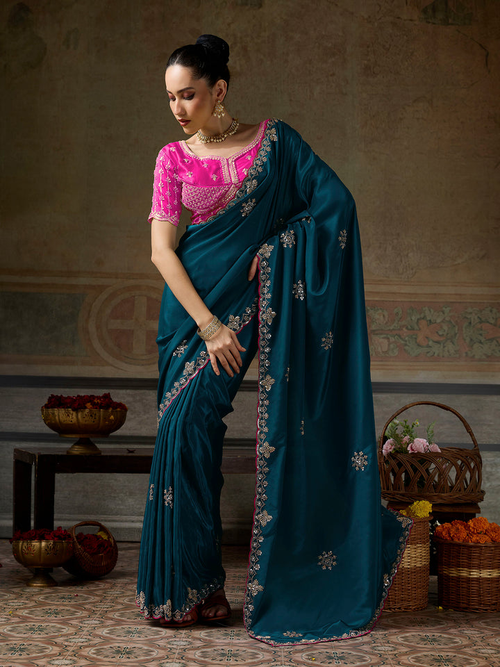 Rama-Green Chiffon Embroidered Sarees