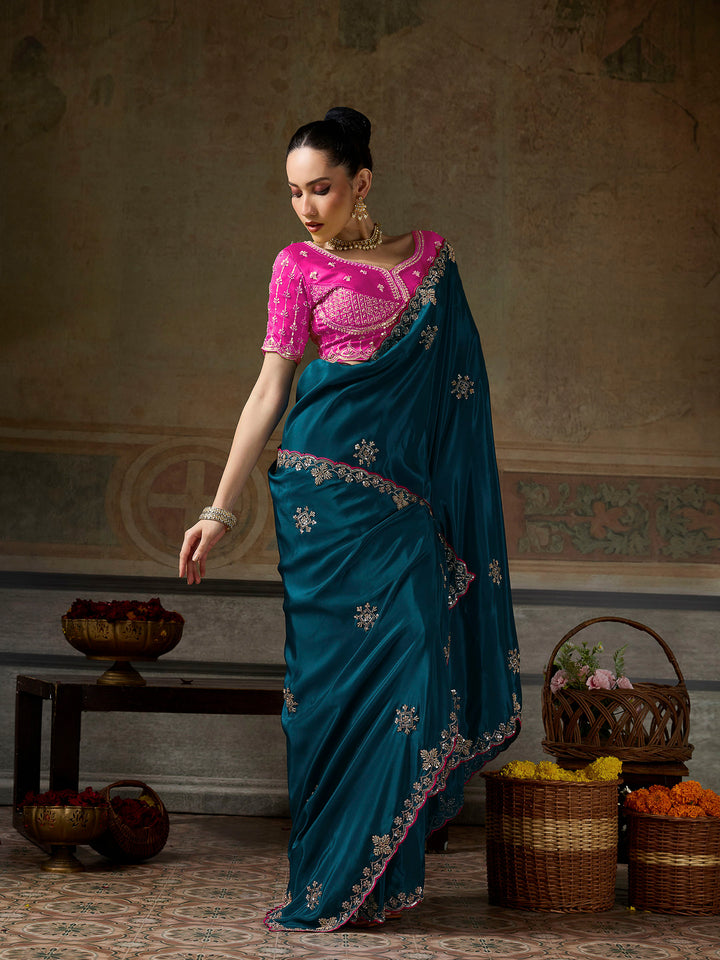 Rama-Green Chiffon Embroidered Sarees