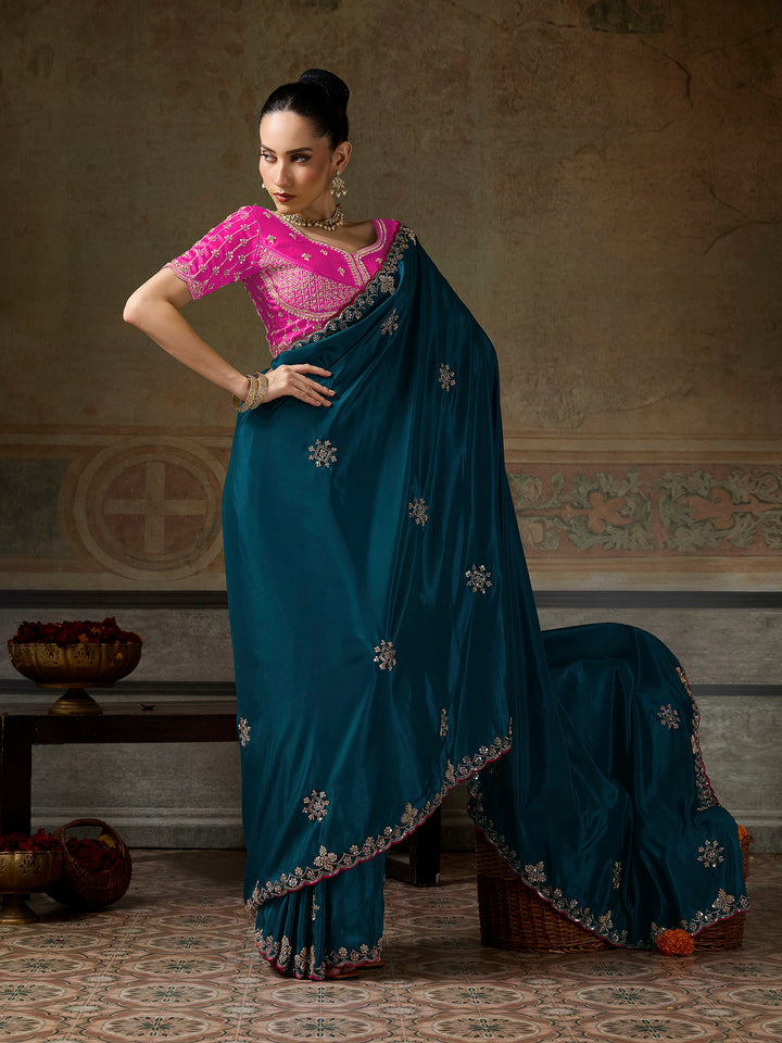Rama-Green Chiffon Embroidered Sarees