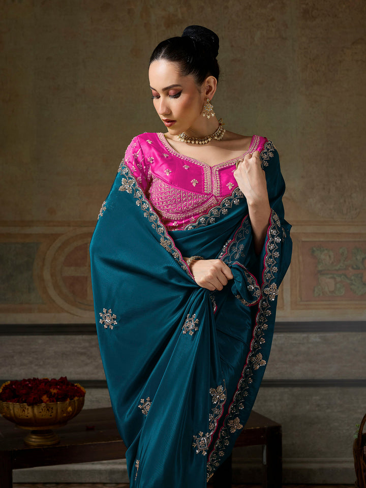 Rama-Green Chiffon Embroidered Sarees