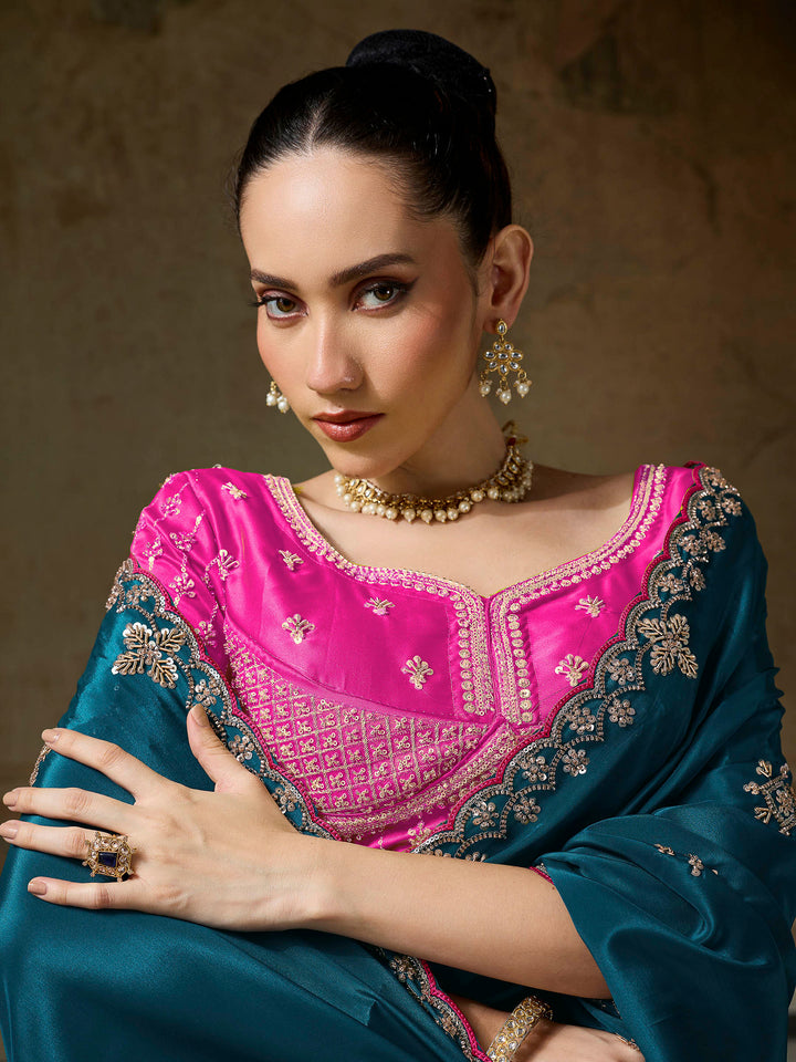 Rama-Green Chiffon Embroidered Sarees