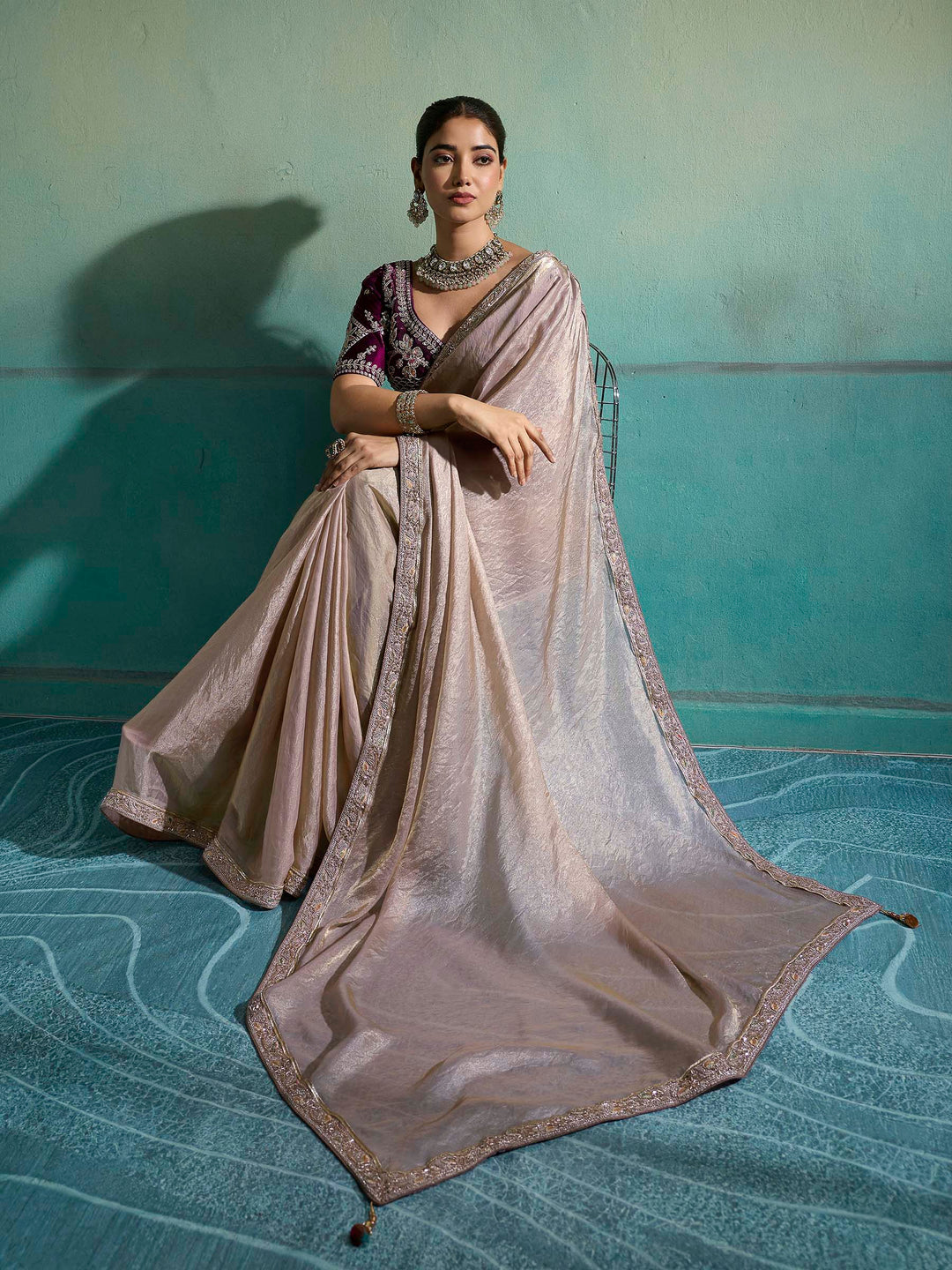 Beige-Maroon Satin Embroidered Sarees