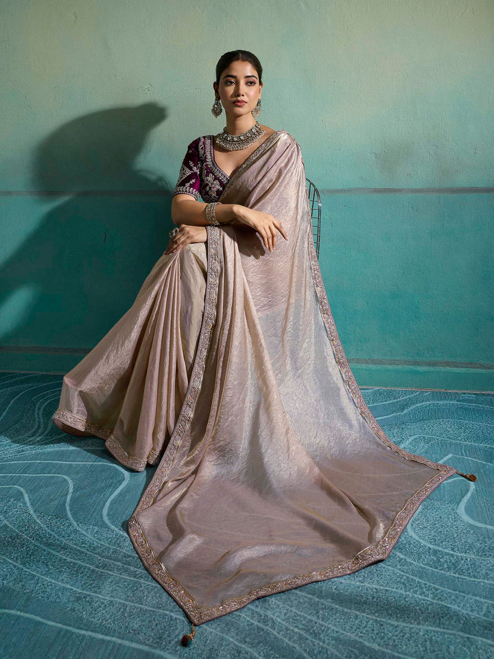Beige-Maroon Satin Embroidered Sarees