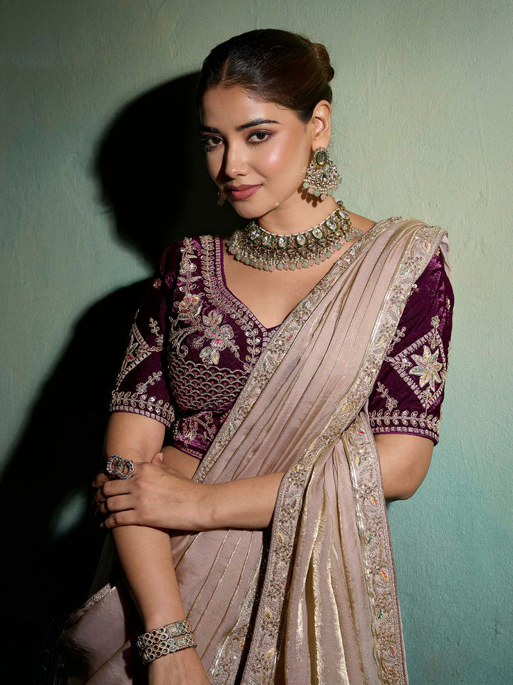 Beige-Maroon Satin Embroidered Sarees