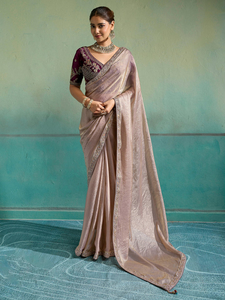 Beige-Maroon Satin Embroidered Sarees