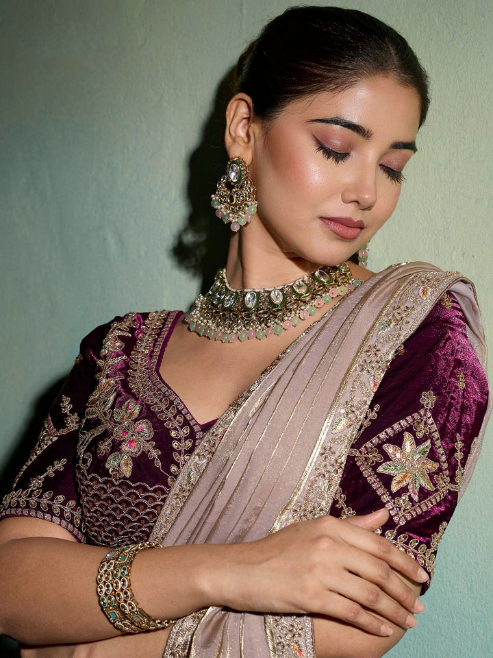 Beige-Maroon Satin Embroidered Sarees