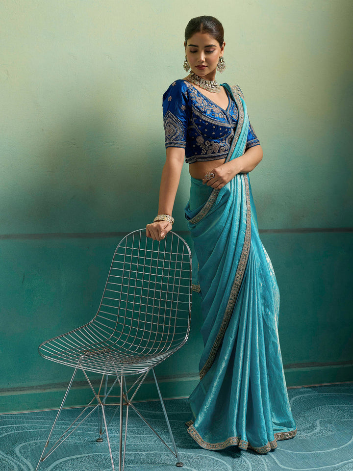 Aqua-Blue Satin Embroidered Sarees