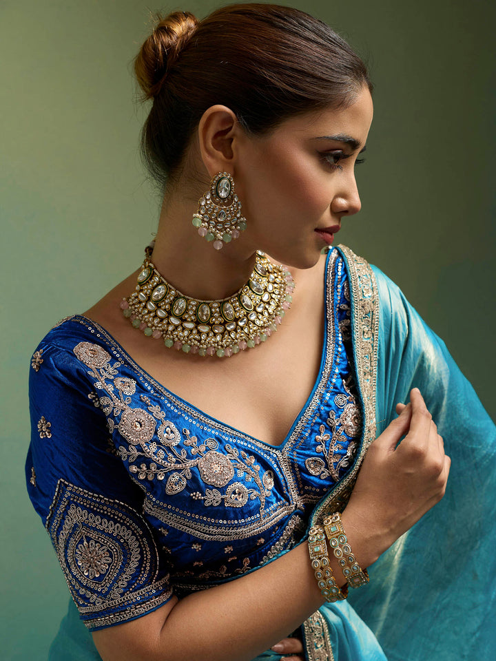 Aqua-Blue Satin Embroidered Sarees