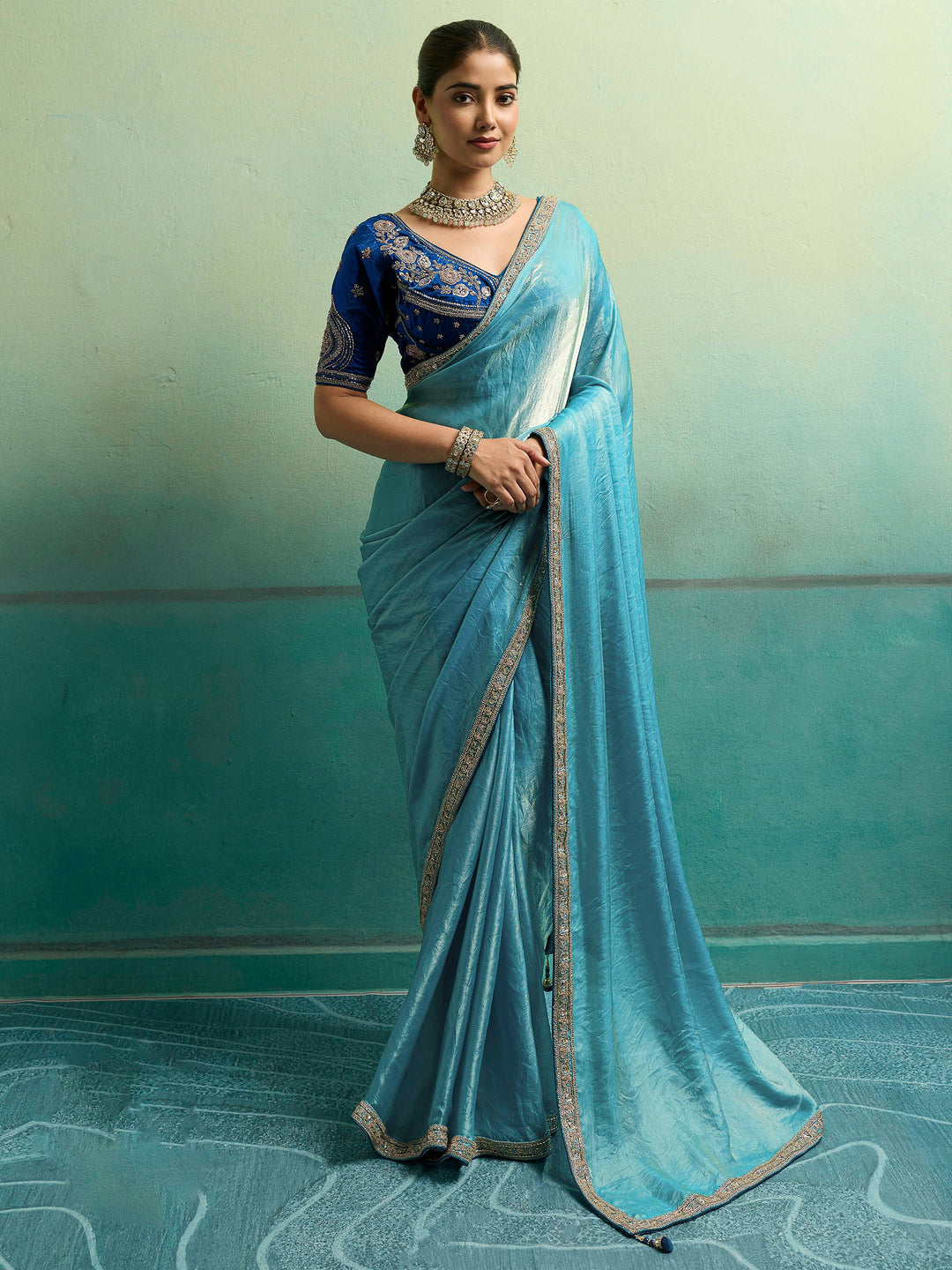 Aqua-Blue Satin Embroidered Sarees