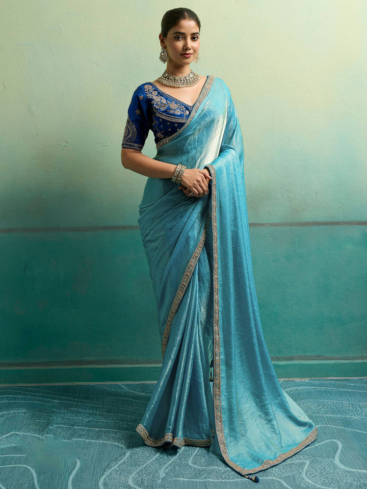 Aqua-Blue Satin Embroidered Sarees