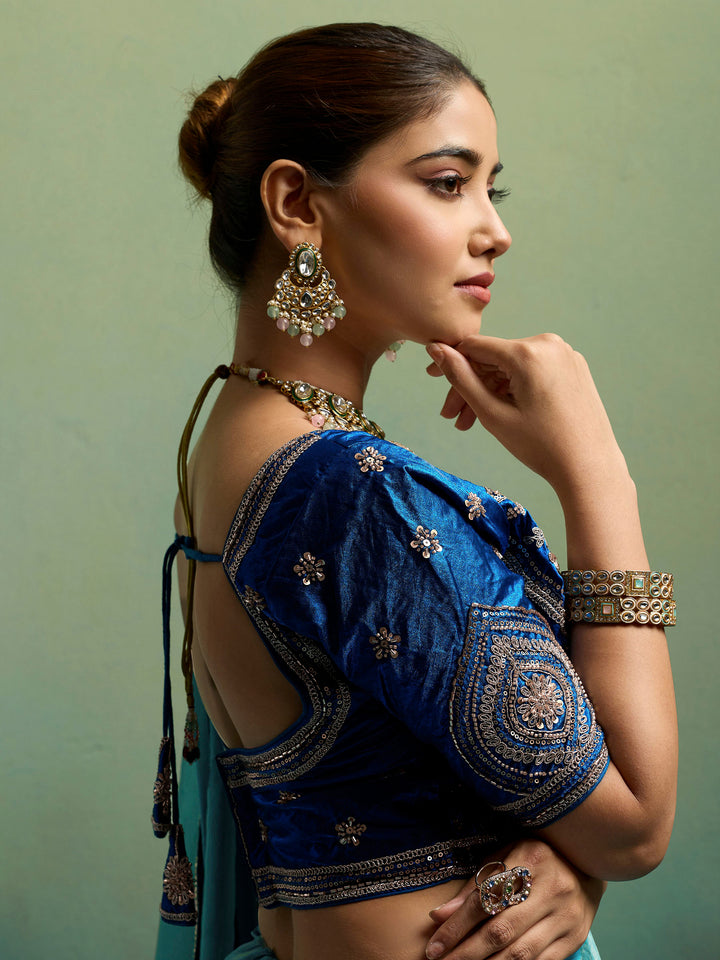 Aqua-Blue Satin Embroidered Sarees