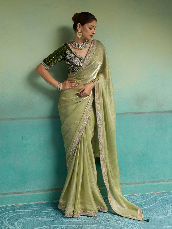 Olive-Green Satin Embroidered Sarees
