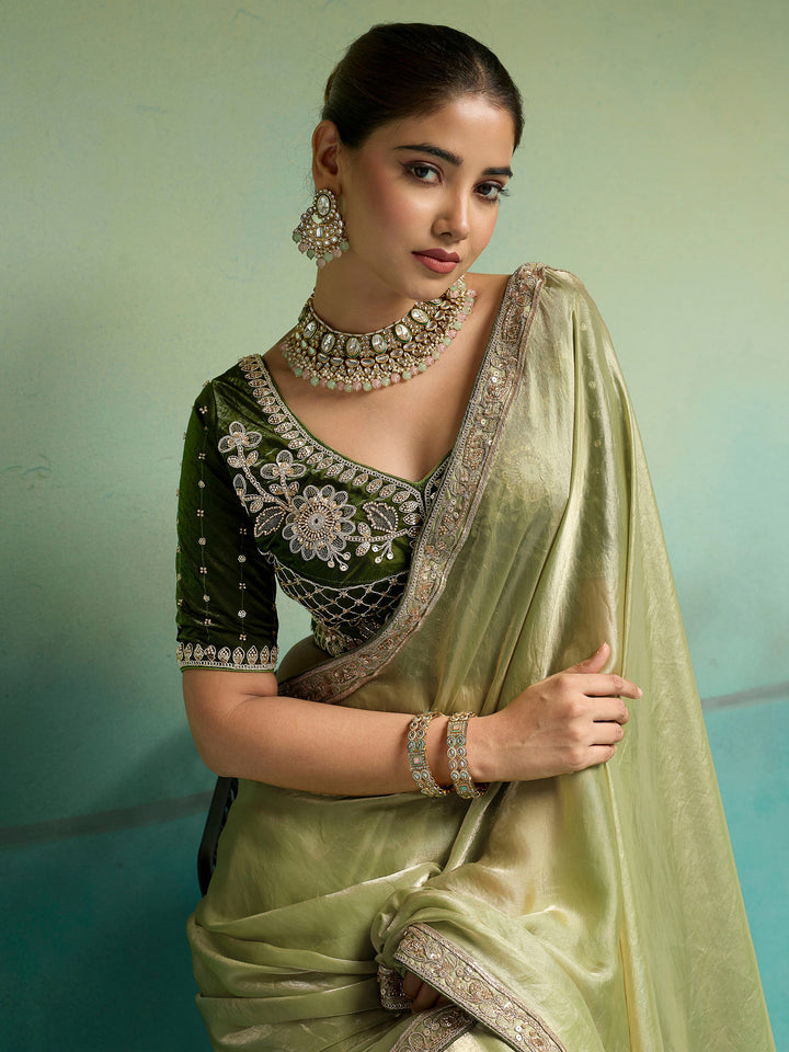 Olive-Green Satin Embroidered Sarees