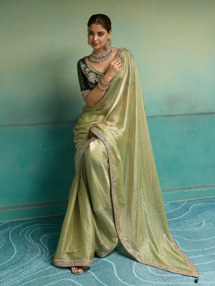 Olive-Green Satin Embroidered Sarees