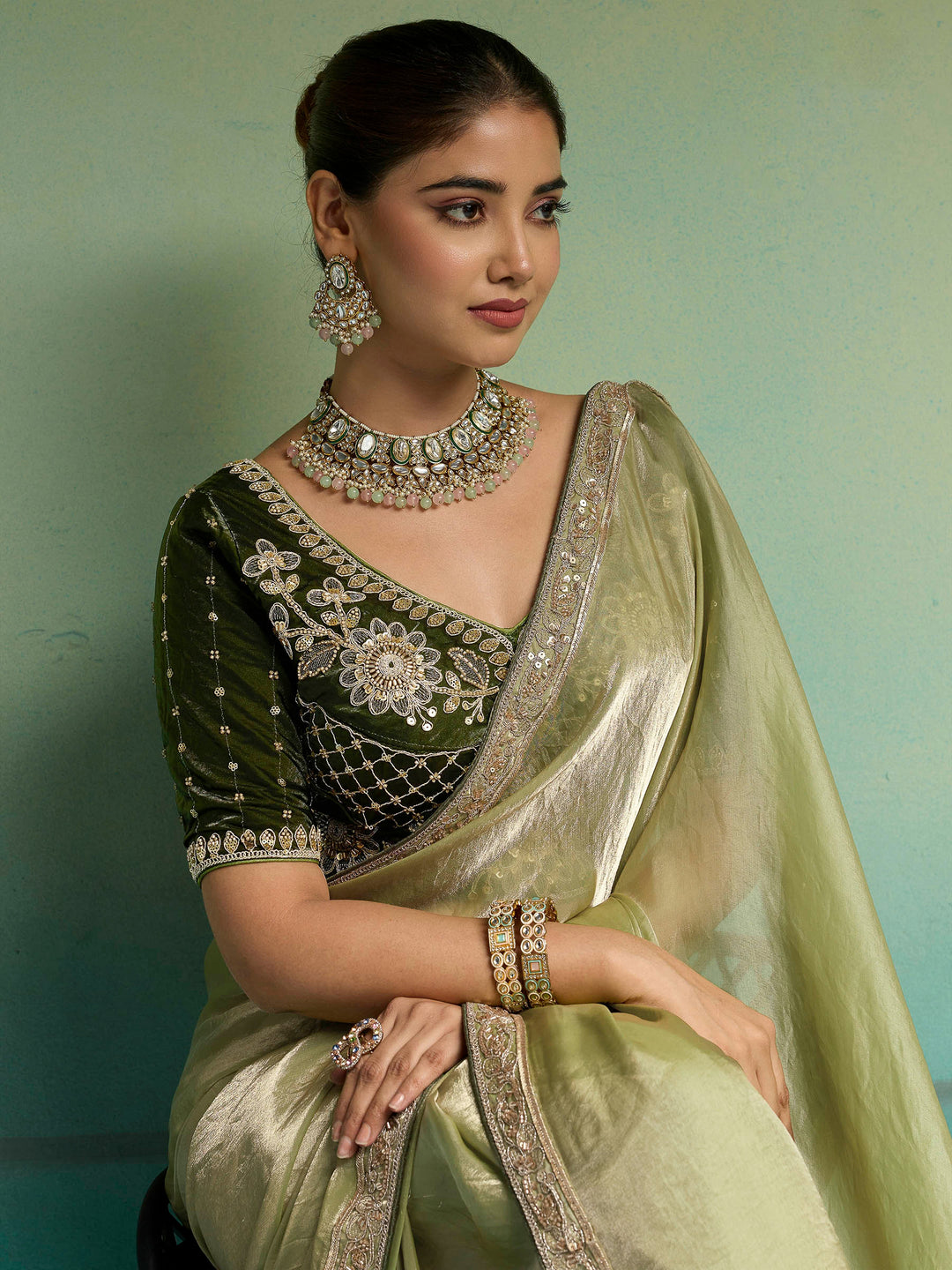 Olive-Green Satin Embroidered Sarees