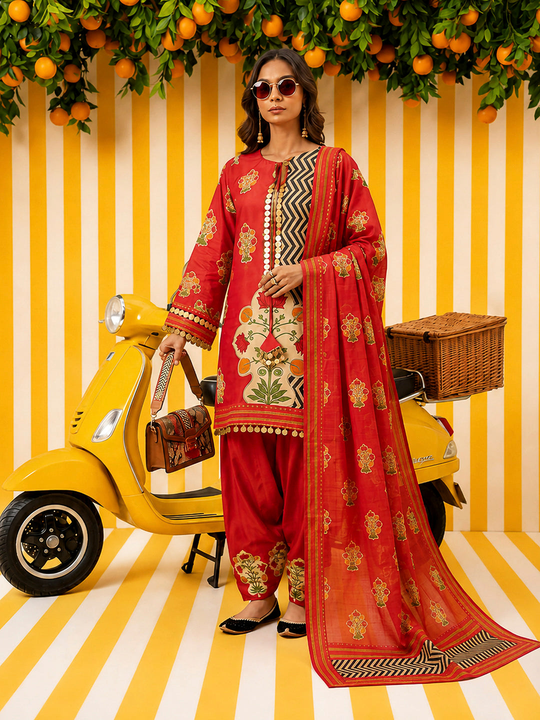 Red Embroidered Muslin Kurta With Pant &amp; Dupatta