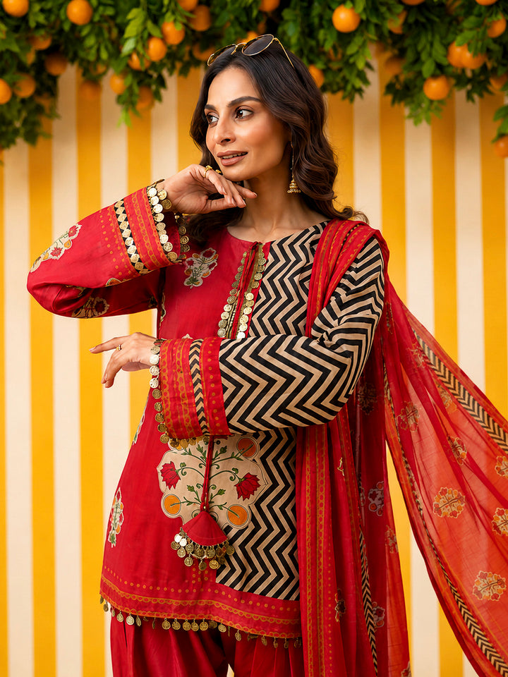 Red Embroidered Muslin Kurta With Pant &amp; Dupatta