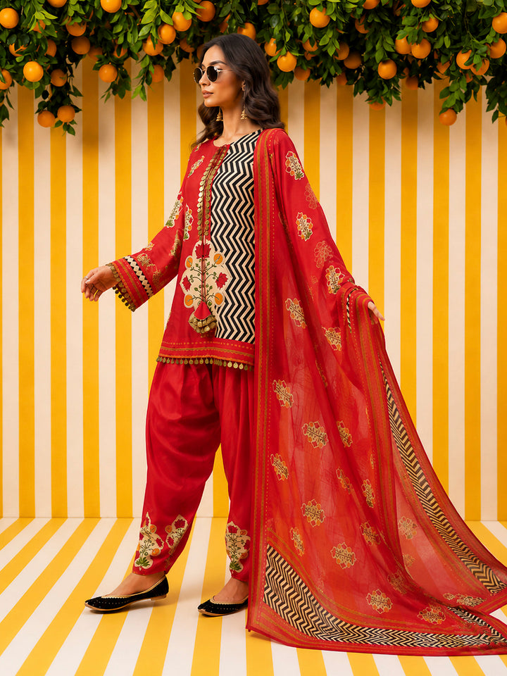 Red Embroidered Muslin Kurta With Pant &amp; Dupatta