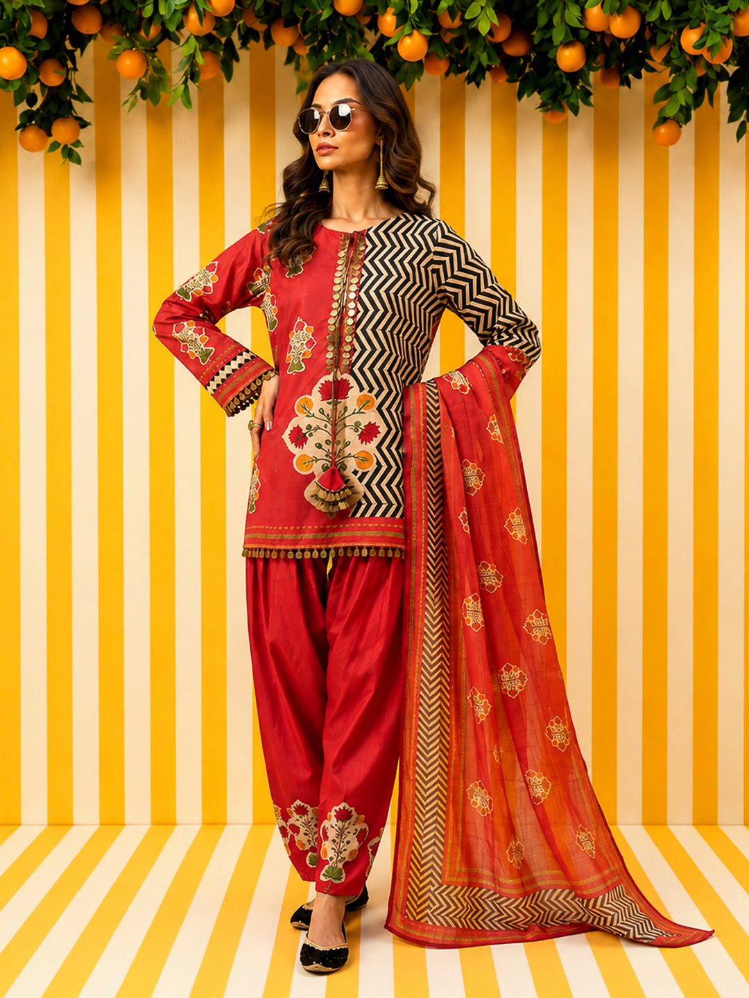 Red Embroidered Muslin Kurta With Pant &amp; Dupatta