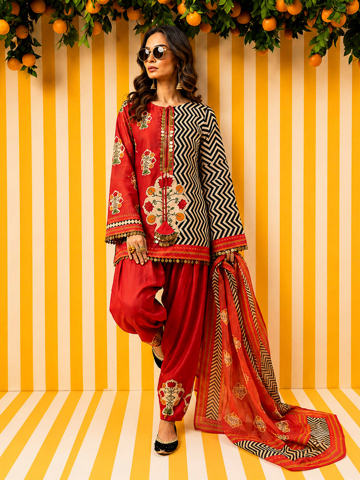 Red Embroidered Muslin Kurta With Pant &amp; Dupatta