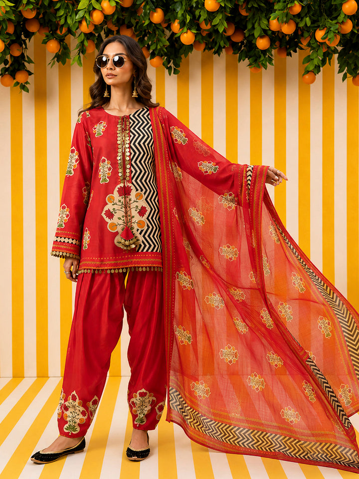 Red Embroidered Muslin Kurta With Pant &amp; Dupatta