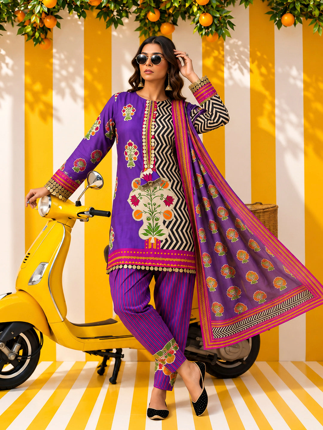 Purple Embroidered Muslin Kurta With Pant &amp; Dupatta
