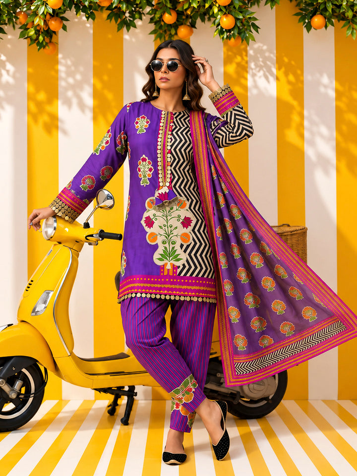 Purple Embroidered Muslin Kurta With Pant &amp; Dupatta