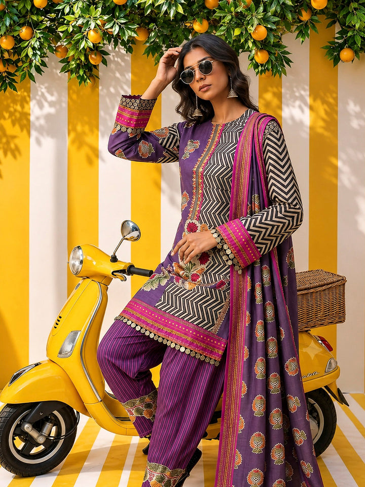 Purple Embroidered Muslin Kurta With Pant &amp; Dupatta