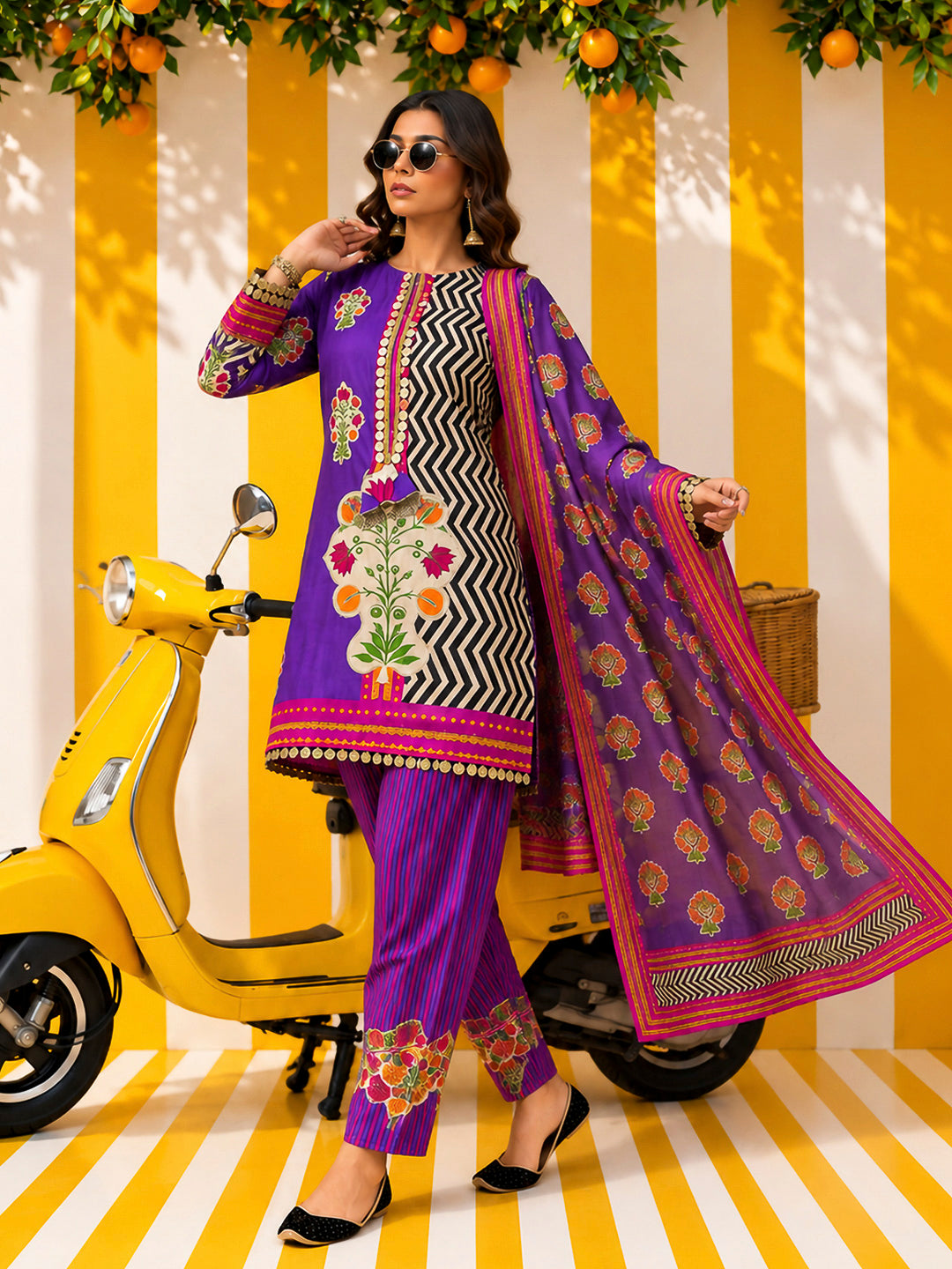 Purple Embroidered Muslin Kurta With Pant &amp; Dupatta