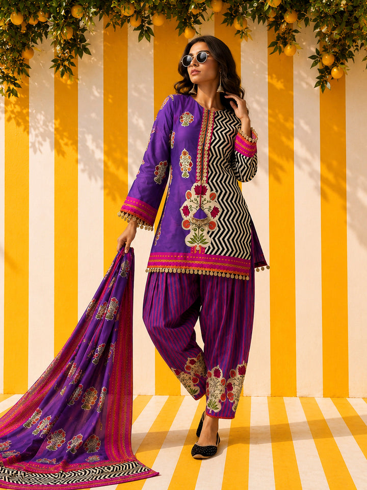 Purple Embroidered Muslin Kurta With Pant &amp; Dupatta