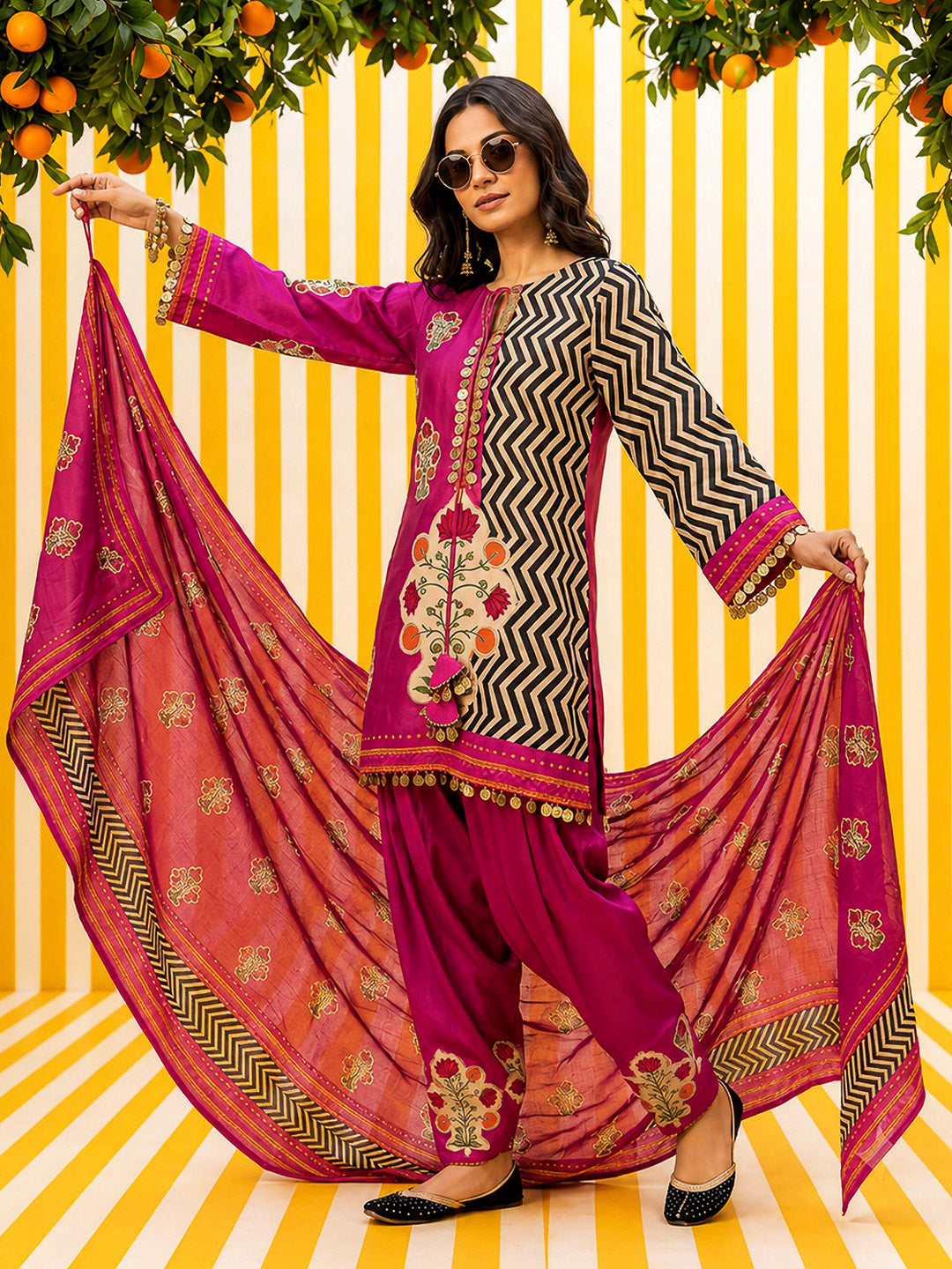 Pink Embroidered Muslin Kurta With Pant &amp; Dupatta