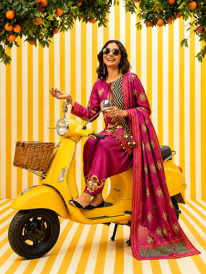Pink Embroidered Muslin Kurta With Pant &amp; Dupatta