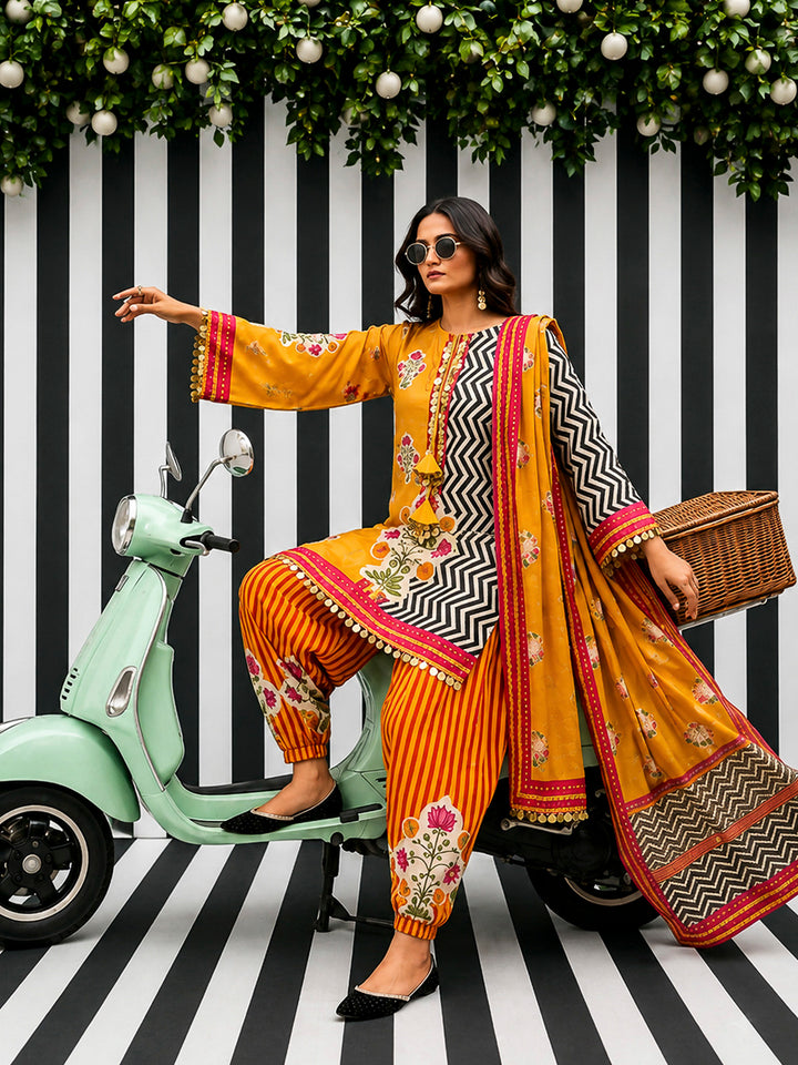 Yellow Embroidered Muslin Kurta With Pant &amp; Dupatta