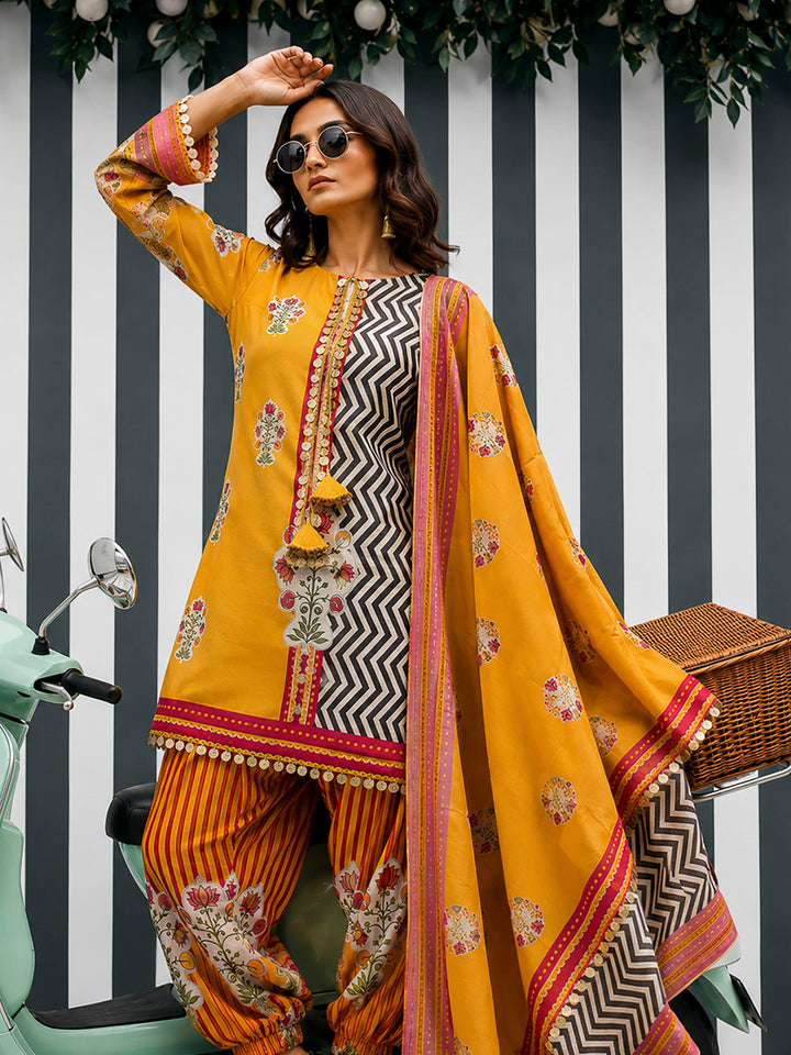 Yellow Embroidered Muslin Kurta With Pant &amp; Dupatta