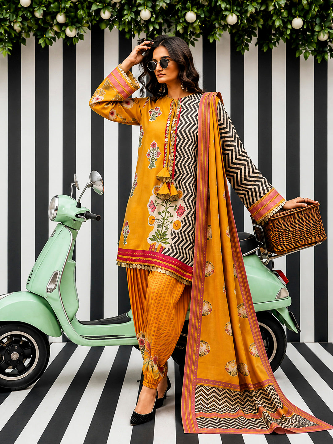 Yellow Embroidered Muslin Kurta With Pant &amp; Dupatta