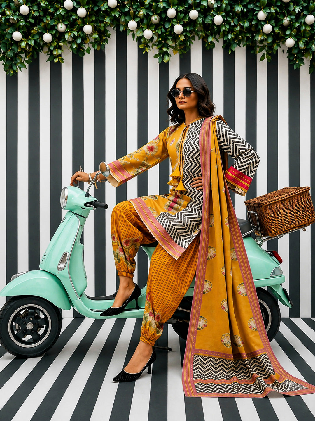 Yellow Embroidered Muslin Kurta With Pant &amp; Dupatta