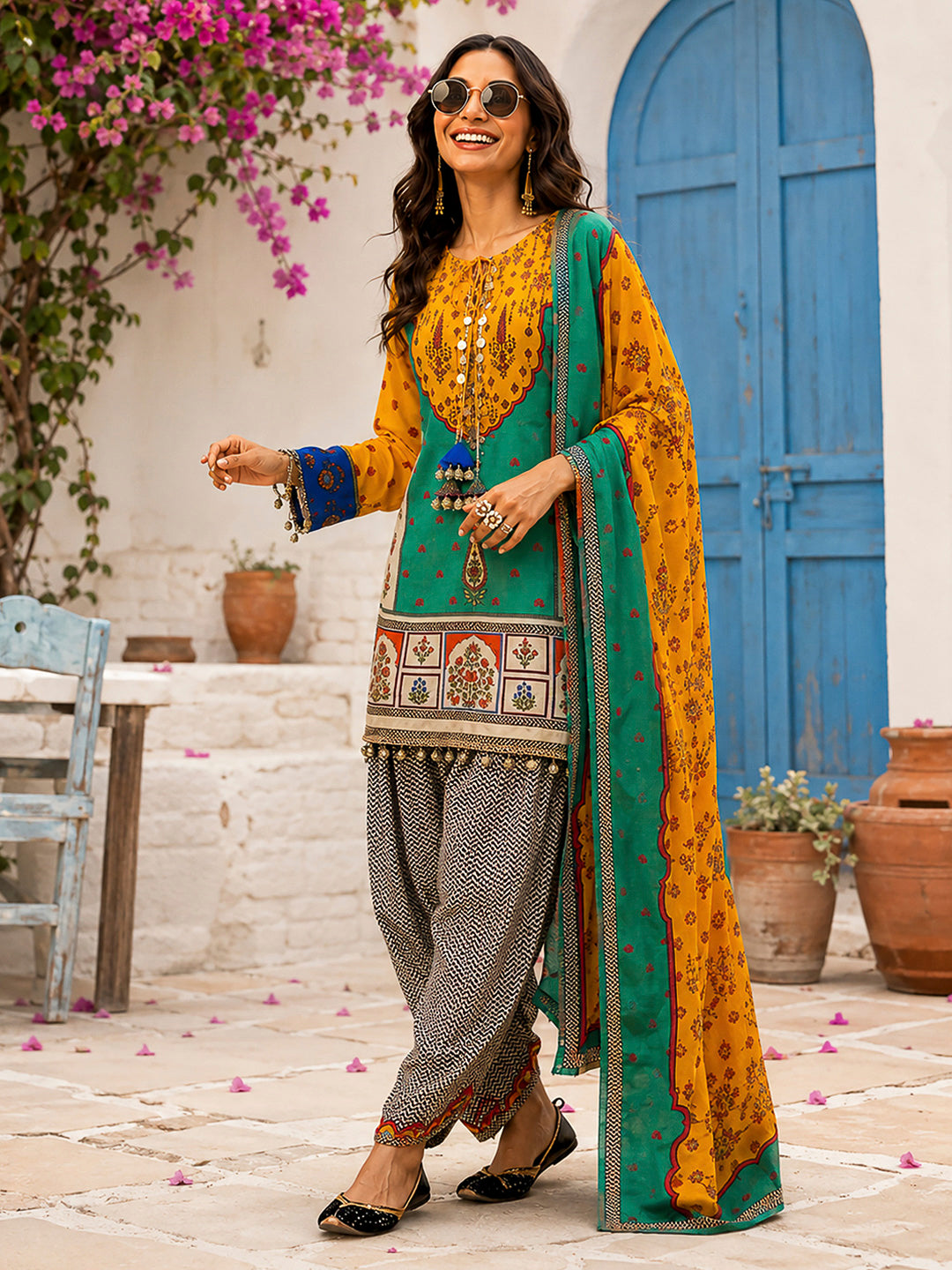 Mustard-Green Embroidered Muslin Kurta With Pant &amp; Dupatta